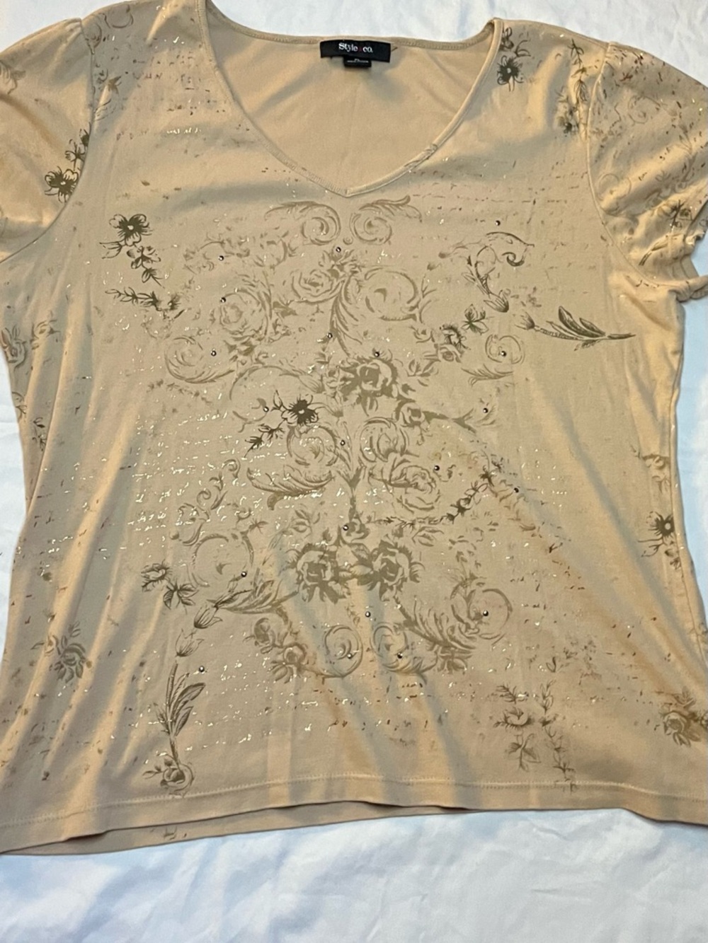 Style & Co. Beige Floral V-Neck Short Sleeve Top with Embellishment